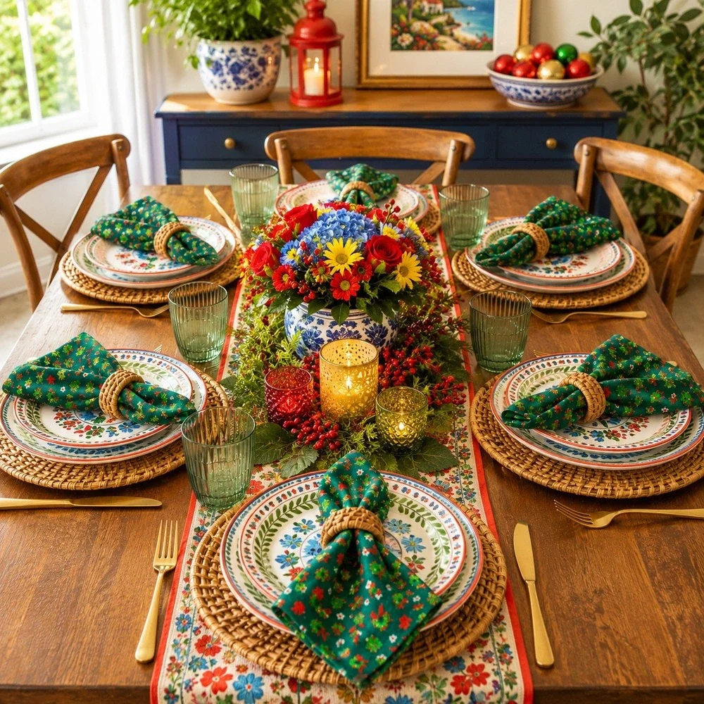 Set of 6 Christmas Cloth Napkins Green Holiday Tree Wreath Cardinal Print